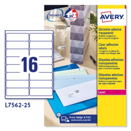 2261-PAQUETE 25 HOJAS ETIQUETAS TRANSPARENTES QUICKPEEL-IMPRESORAS LASER-99,1X33,9 MM AVERY L7562-25