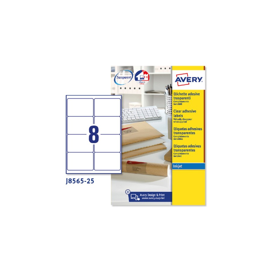 2263-PAQUETE 25 HOJAS ETIQUETAS TRANSPARENTES QUICKPEEL-IMPRESORAS DE INYECCION DE TINTA-99,1X67,7 MM AVERY J8565-25