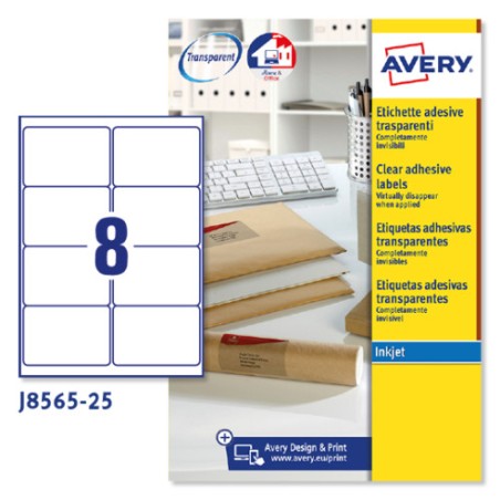 2263-PAQUETE 25 HOJAS ETIQUETAS TRANSPARENTES QUICKPEEL-IMPRESORAS DE INYECCION DE TINTA-99,1X67,7 MM AVERY J8565-25