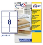 2263-PAQUETE 25 HOJAS ETIQUETAS TRANSPARENTES QUICKPEEL-IMPRESORAS DE INYECCION DE TINTA-99,1X67,7 MM AVERY J8565-25