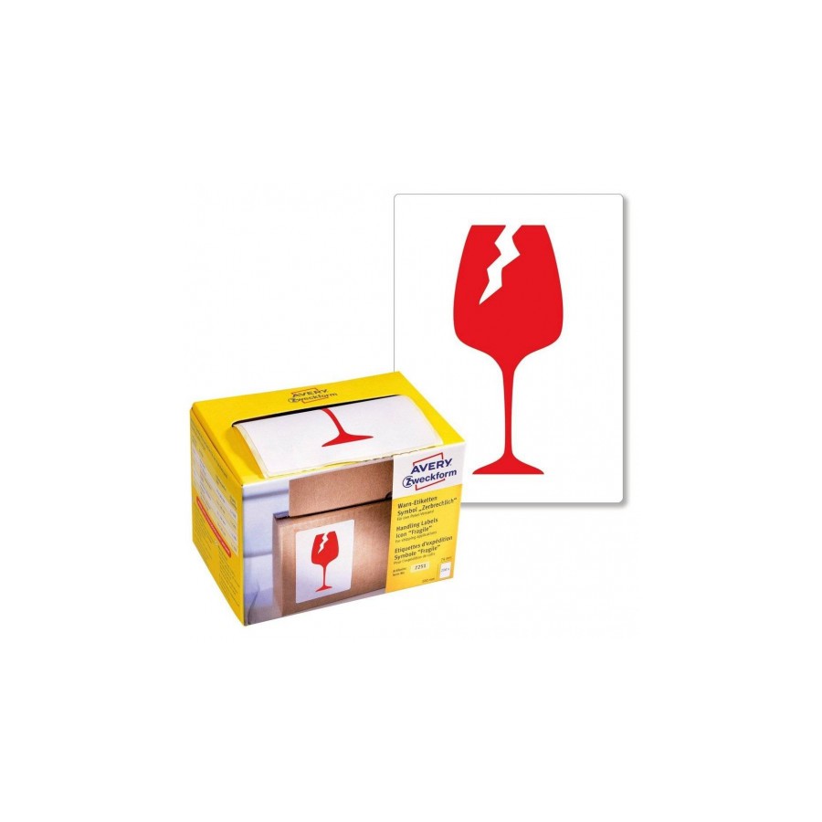 2264-ROLLO 200 ETIQUETAS PARA ENVIOS PRE-IMPRESAS CON EL ICONO "FRAGIL" 74X100 MM AVERY 7251