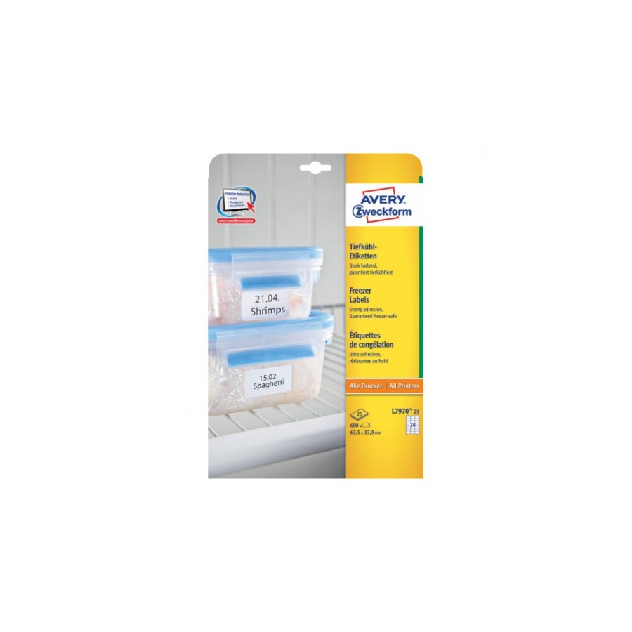 PAQUETE 25 HOJAS ETIQUETAS PARA EL CONGELADOR-IMPRESORAS LASER, INYECCION DE TINTA Y FOTOCOPIADORAS-63,5 X 33,9 MM AVERY L7970-2