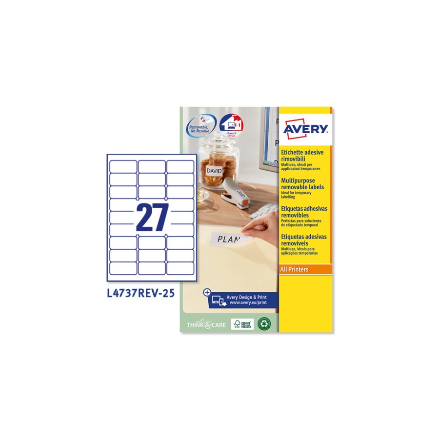 2280-PAQUETE 25 HOJAS ETIQUETAS DESPEGABLES ECOLOGICAS, CERTIFICADAS FSC-IMPRESORAS LASER-63,5X29,6 MM AVERY L4737REV-25