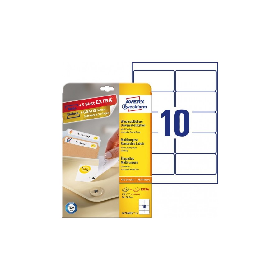 2283-PAQUETE 25 HOJAS ETIQUETAS DESPEGABLES ECOLOGICAS, CERTIFICADAS FSC-IMPRESORAS LASER-96X 50,8 MM AVERY L4744REV-25