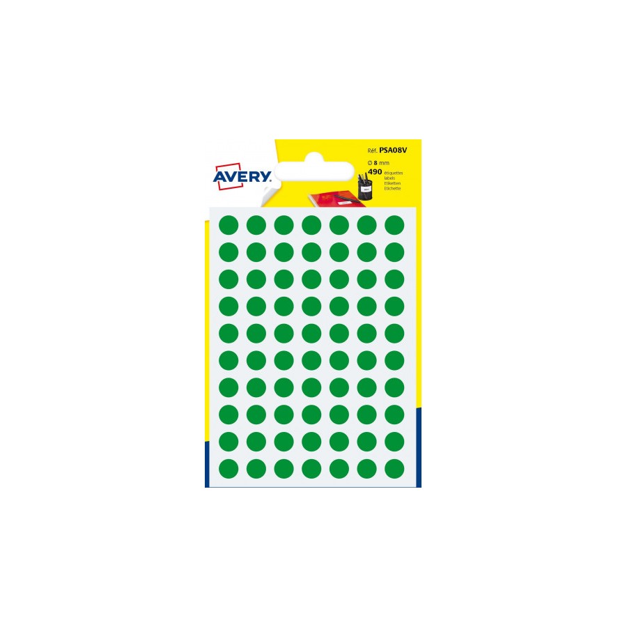 PAQUETE 6 HOJAS ETIQUETAS REDONDAS GOMETS VERDES 8MM DIAMETRO AVERY PSA08V