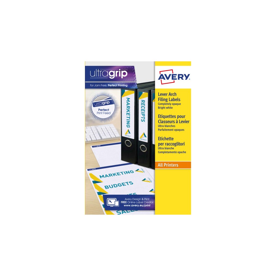 PAQUETE 25 HOJAS ETIQUETAS BLANCAS PARA ARCHIVADORES CON DORSO FINO-IMPRESORAS LASER-192X38 MM AVERY L4760-25