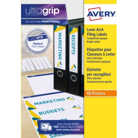 PAQUETE 25 HOJAS ETIQUETAS BLANCAS PARA ARCHIVADORES CON DORSO FINO-IMPRESORAS LASER-192X38 MM AVERY L4760-25