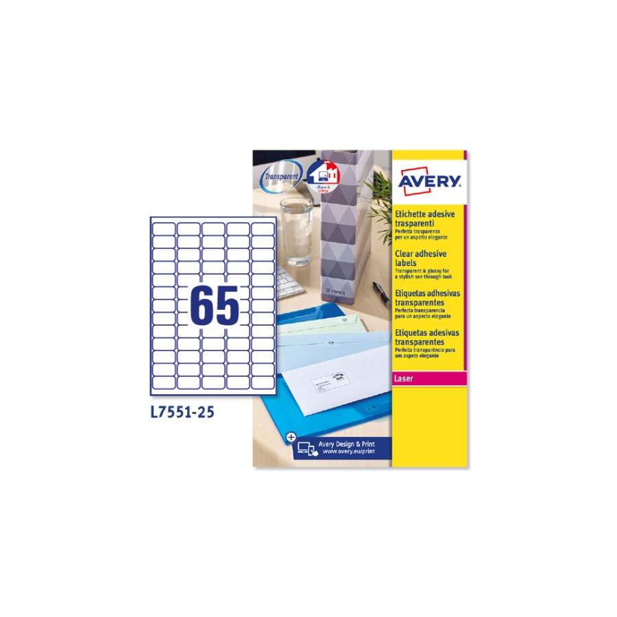 2291-PAQUETE 25 HOJAS MINI ETIQUETAS TRANSPARENTES-IMPRESORAS LASER-38,1X21,2 MM AVERY L7551-25