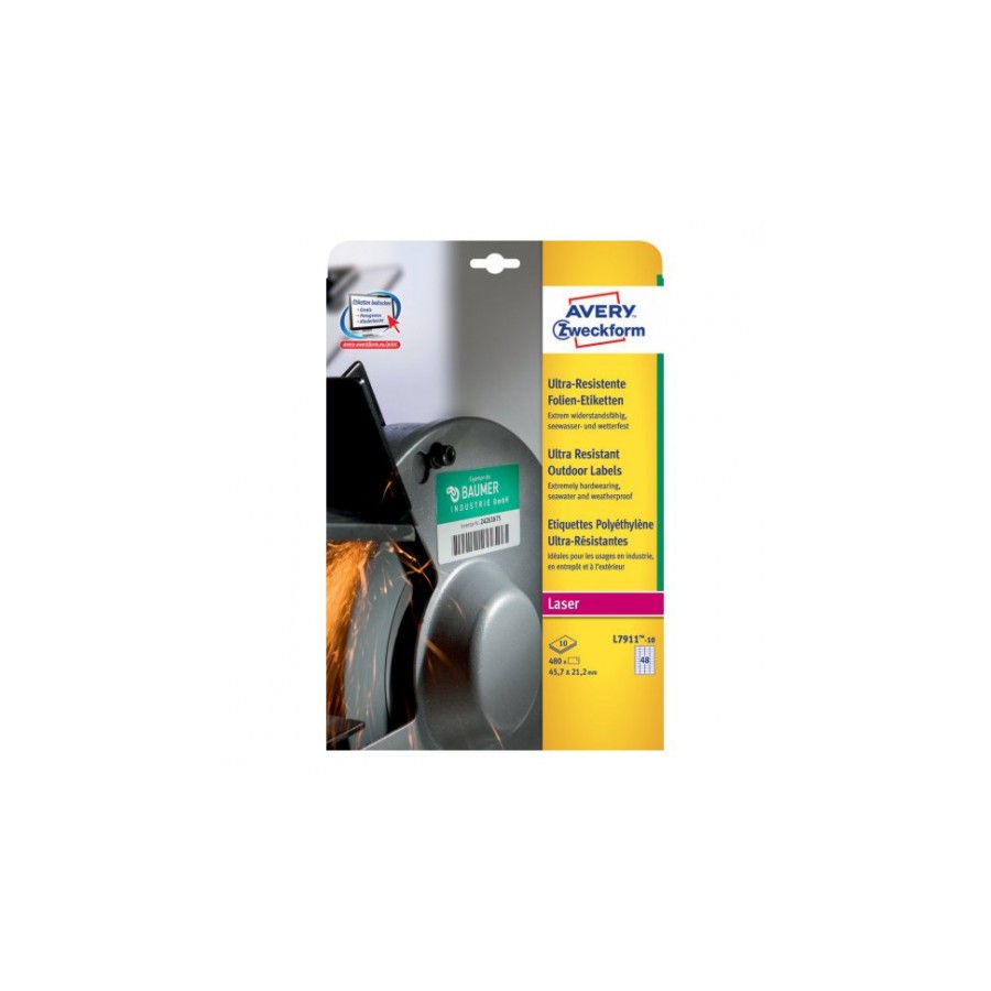 2294-PAQUETE 10 HOJAS ETIQUETAS MUY RESISTENTES DE POLIETILENO FLEXIBLE-45,7 X 21,2 MM AVERY L7911-10