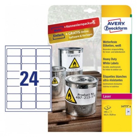 PAQUETE 8 HOJAS ETIQUETAS DE POLIESTER BLANCO PARA IMPRESORAS LASER 63,5X33,9 MM AVERY L4773-8