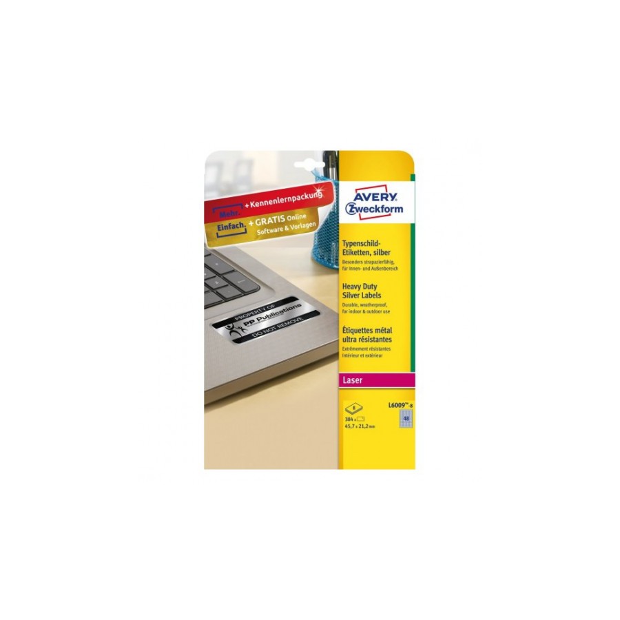 2306-PAQUETE 8 HOJAS ETIQUETAS PLATEADAS DE POLIESTER-IMPRESORAS LASER-45,7X21,2 MM AVERY L6009-8