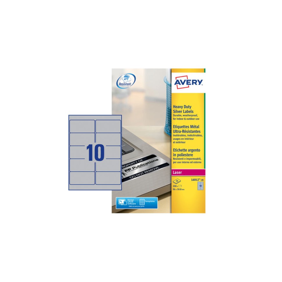 2310-PAQUETE 20 HOJAS ETIQUETAS PLATEADAS DE POLIESTER-IMPRESORAS LASER-96X50,8 MM AVERY L6012-20