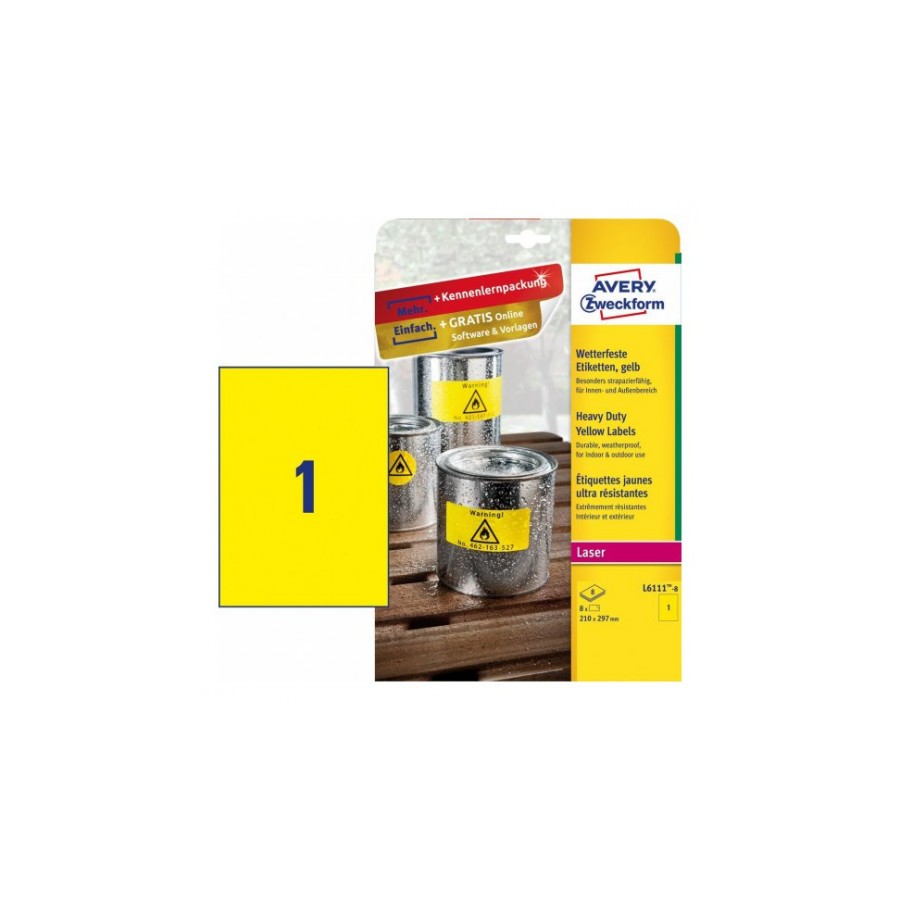 2314-PAQUETE 8 HOJAS ETIQUETAS AMARILLAS DE POLIESTER-IMPRESORAS LASER-210 X 297 MM AVERY L6111-8
