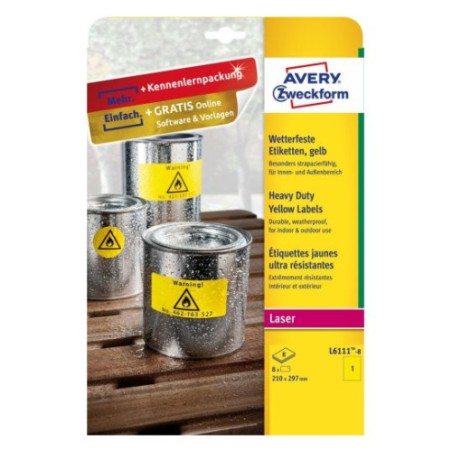 2315-PAQUETE 8 HOJAS ETIQUETAS AMARILLAS DE POLIESTER-IMPRESORAS LASER-210 X 297 MM AVERY L6111-8