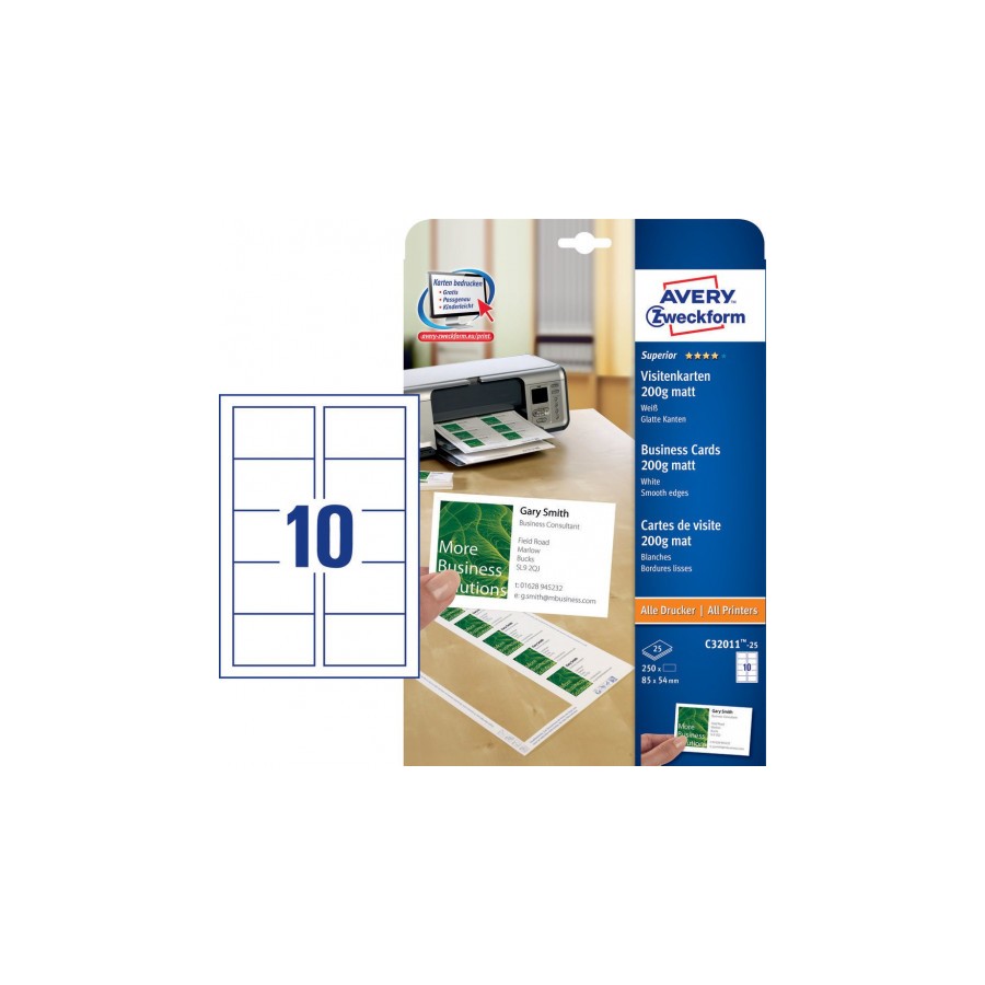 PAQUETE 25 HOJAS TARJETAS DE VISITA BLANCAS 200G QUICK CLEAN-ECOLOGICAS-IMPRESORAS LASER-85X54 MM AVERY C32011-25
