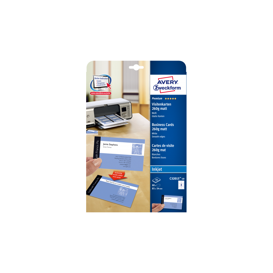 PAQUETE 10 HOJAS TARJETAS DE VISITA BLANCAS QUICK CLEAN DE PAPEL CUCHE OPACAS-260 G-IMPRESORAS DE INYECCION DE TINTA-85X54 MM AV