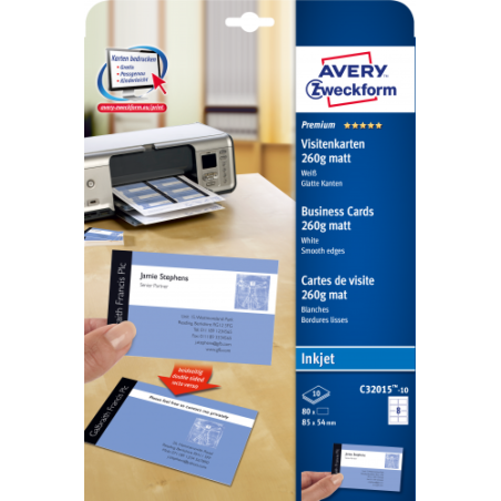 PAQUETE 10 HOJAS TARJETAS DE VISITA BLANCAS QUICK CLEAN DE PAPEL CUCHE OPACAS-260 G-IMPRESORAS DE INYECCION DE TINTA-85X54 MM AV