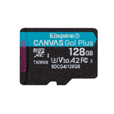 24381-Kingston Technology Tarjeta microSDXC Canvas Go Plus Gen4 de 128 GB, 200 MB/s, A2 U3 V30 y adaptador