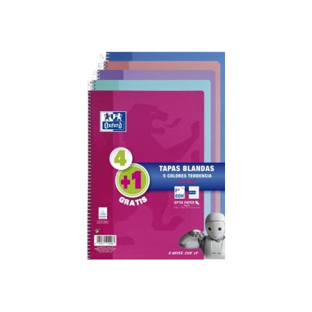 24471-PACK 4+1 CUADERNO ESPIRAL TAPA BLANDA FOLIO 80 HOJAS 4X4 CON MARGEN COLORES TENDENCIA OXFORD 400072719