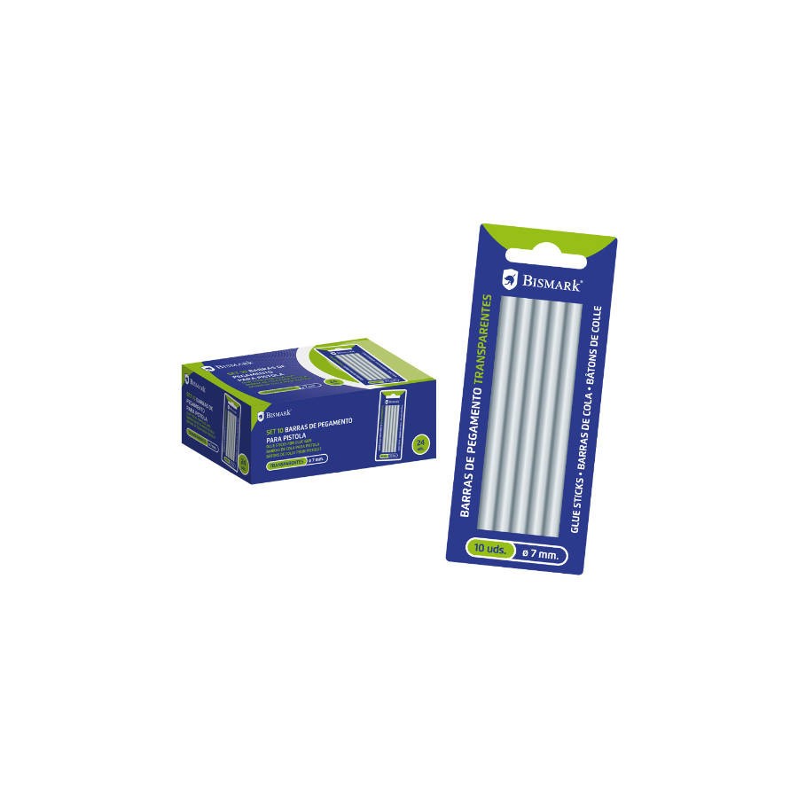 2486-BLISTER 10 BARRAS DE PEGAMENTO SILICONA TRANSPARENTE 7,2 X 100 MM. BISMARK 327109