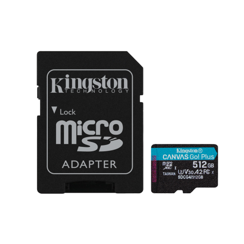 25153-Kingston Technology Tarjeta microSDXC Canvas Go Plus Gen4 de 512 GB, 200 MB/s, A2 U3 V30 y adaptador