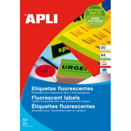 25332-PACK 20 HOJAS (20UD.)ETIQUETAS NARANJA FLUORESCENTE PERMANENTES 210,0 X 297,0 MM APLI 2879
