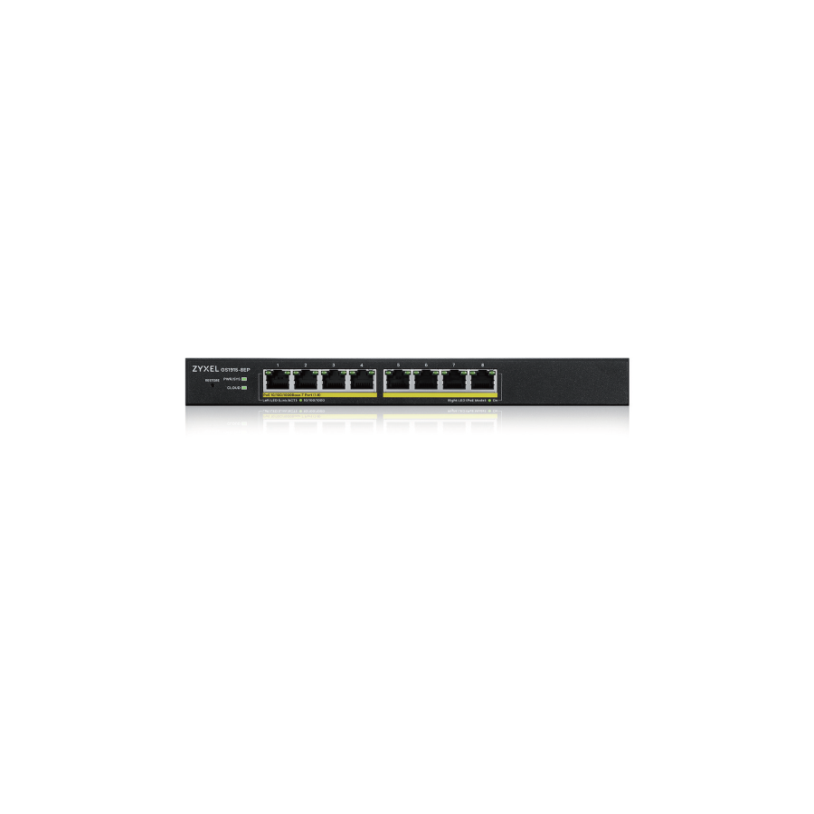 ZYXEL GS1915-8EP, 8-PORT GBE POE SMART HYBRID MODE SWITCH, STANDALONE OR NEBULAFLEX CLOUD, 60 WATT 802.3AT, DESKTOP, FANLESS