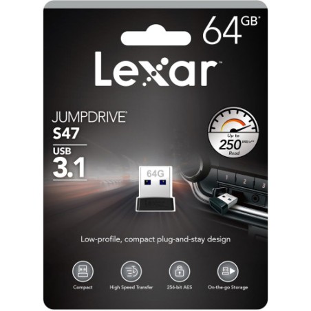 LEXAR JUMPDRIVE USB 3.1 S47 64GB BLACK PLASTIC HOUSING, UP TO 250MB/S