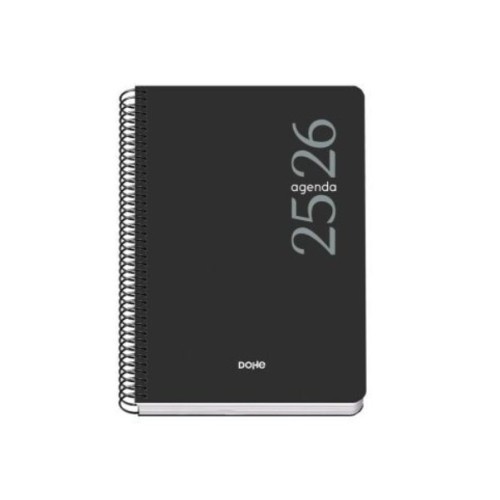26187-AGENDA ESCOLAR 2025-2026 TAMANO A5 TAPA POLIPROPILENO DIA PAGINA MODELO ESENCIAL BASIC NEGRO DOHE 52075