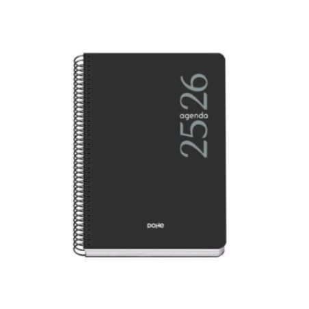 26187-AGENDA ESCOLAR 2025-2026 TAMANO A5 TAPA POLIPROPILENO DIA PAGINA MODELO ESENCIAL BASIC NEGRO DOHE 52075
