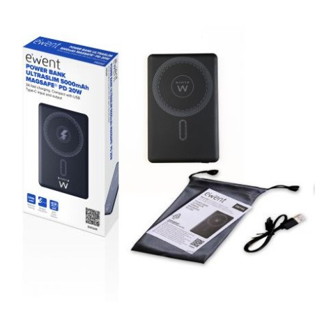 26307-EWENT POWERBANK ULTRASLIM MAGSAFER 5000MAH  PD 20W, 1X USB-C (IN/OUT), 1X USB-A PORT, 104X67X8´55MM, 112GR, BLACK