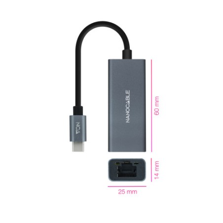 26491-Nanocable Conversor USB-C a Ethernet Gigabit 10/100/1000 Mbps, Aluminio, Gris, 15 cm