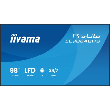 27102-IIYAMA MONITOR 98" 3840x2160, UHD VA DLED  500cd/m, HORIZ Y VERT, MM 2x 10W, 2x HDMIx 1x USB-C, USB 2.0 x2, WiFi,