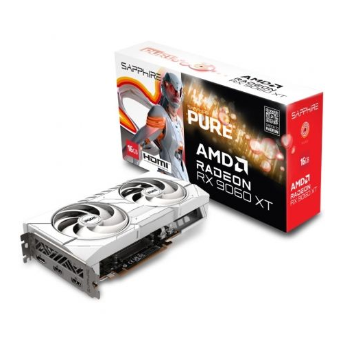 VGA SAPPHIRE PURE RX 9060 XT GAMING OC,AMD,RX9060XT,16GB,GDDR6,128BIT,2HDMI+2DP,ARGB,COLOR BLANCO (3 VENTILADORES)