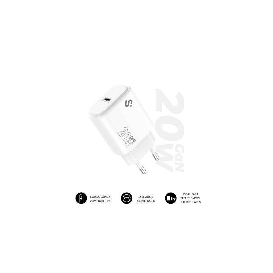 28611-SUBBLIM Cargador USB-C GaN 20W , Power Delivery 3.0 & PPS, Enchufe Rapido para iPhone 16-12, iPad, Galaxy S24-S20,
