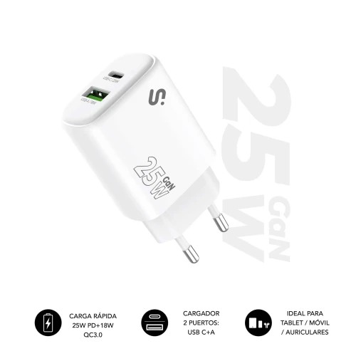 28715-SUBBLIM Cargador GaN 25 W USB-C PD 3.0 + PPS & USB-A QC 3.0, Doble Puerto Rapido para tablets iPad Pro/Air/10/Mini