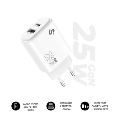 28715-SUBBLIM Cargador GaN 25 W USB-C PD 3.0 + PPS & USB-A QC 3.0, Doble Puerto Rapido para tablets iPad Pro/Air/10/Mini