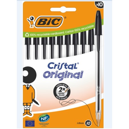 29092-BLISTER CARTON 10 BOLIGRAFOS CRISTAL CON CUERPO TRANSPARENTE TRAZO 0,4MM. NEGRO BIC 516353