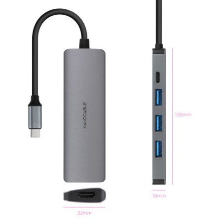 29677-NANOCABLE HUB USB-C 3xUSB-A+USB-C CARGA+HDMI, GRIS 18 CM