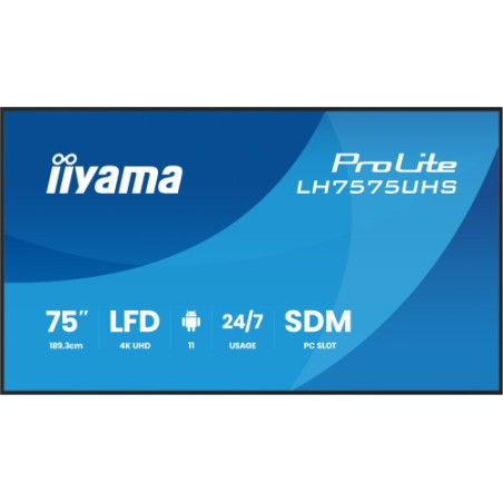 29935-MONITOR IIYAMA 75" (LH7575UHS-B2AG) 3840X2160 / 4K UHD / 24/7 / 500 CD/M / 8MS / DP / 3XHDMI / MICRO SD SLOT /  E-