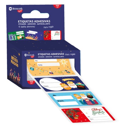 29964-CAJA 100 ETIQUETAS ADHESIVAS PARA REGALOS REYES MAGOS BISMARK 332911