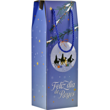 29976-CAJA CON ASA MENSAJES EFECTO MADERA BOTELLERO REYES MAGOS (13X36X10 CM) COLORES SURTIDOS BISMARK 333603