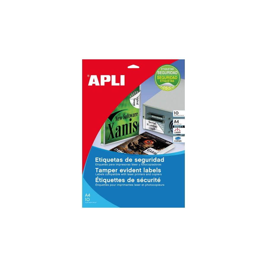 32321-PAQUETE 10 HOJAS A4 ETIQUETAS DE SEGURIDAD POLIESTER PLATA 45,7 X 21,2MM APLI 11272