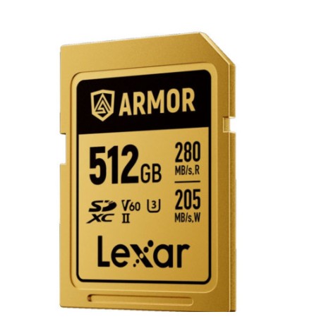 33407-LEXAR 512GB PROFESSIONAL ARMOR GOLD SDXC UHS-II CARDS,  UP TO 280MB/S READ 210MB/S WRITE C10 V60 U3,STAINLESS STEE