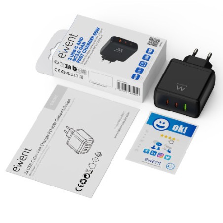 (ABM) EWENT CARGADOR GAN FAST DE 65W, 3 PUERTOS (2 USB-C PD Y 1USB-A QC) DISENO COMPACTO