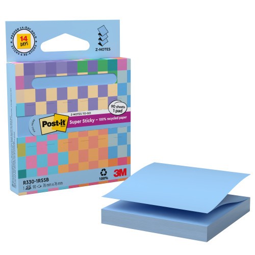 35121-DISPENSADOR DE CARTON 90 HOJAS Z-NOTES RECICLADO SUPER STICKY 76X76 MM AZUL LAVADO R330-1RSSB POST-IT 7100399315