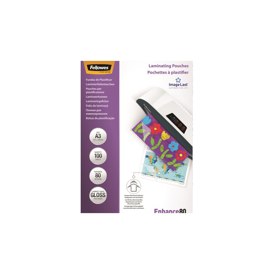 368-PACK 100 BOLSAS PLASTIFICACION 80 MICRAS A3 303X426 FELLOWES 5306207