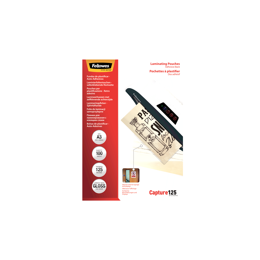 390-PACK 100 BOLSAS PLASTIFICACION AUTOADHESIVAS 125 MICRAS A3 FELLOWES 5329001
