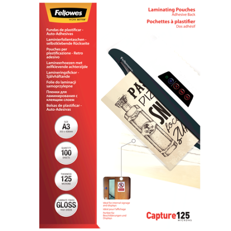 390-PACK 100 BOLSAS PLASTIFICACION AUTOADHESIVAS 125 MICRAS A3 FELLOWES 5329001