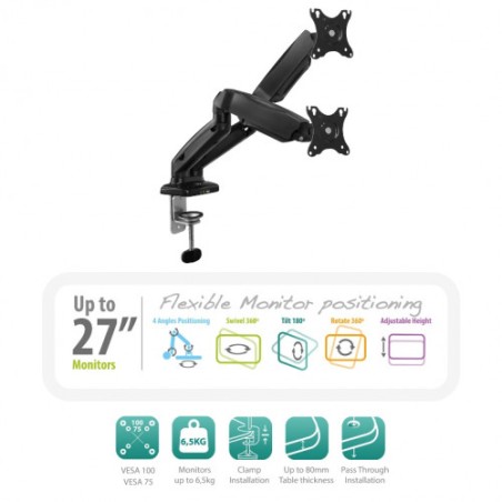 4071-EWENT SOPORTE DE ESCRITORIO CON RESORTE DE GAS PARA 2 MONITORES  HASTA 34" CARGA MAXIMA 9KG. VESA
